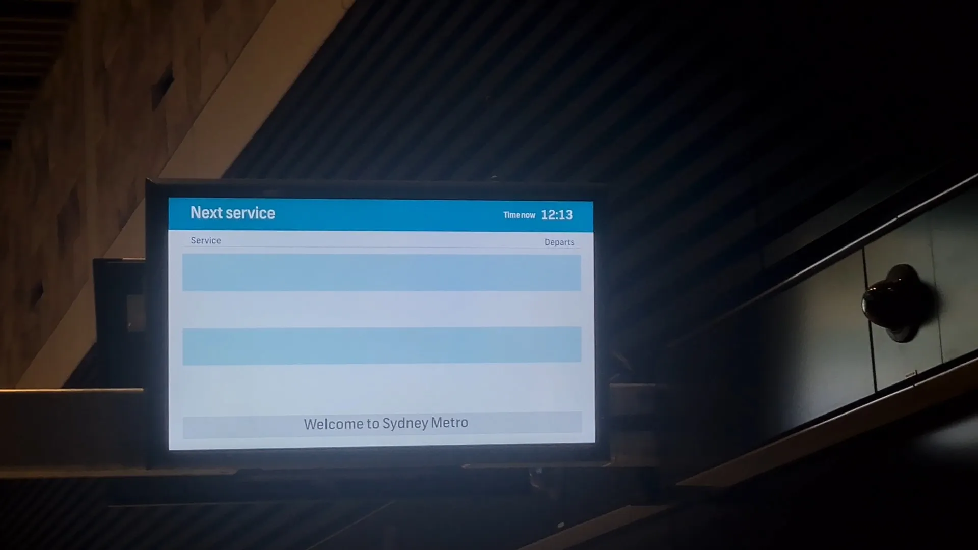 A PID, showing no active services, and a message on the bottom saying "Welcome to Sydney
Metro".