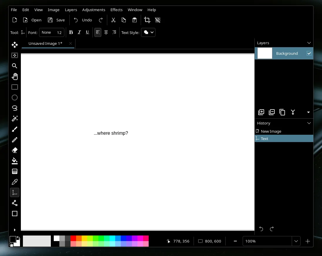 A screenshot of a Pinta window, with an empty canvas with the text "...where
shrimp?".